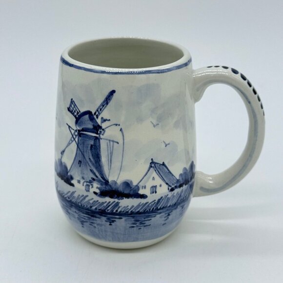 Handpainted Delft Blue & White Ceramic Mug With Windmill Design - Picture 3 of 7